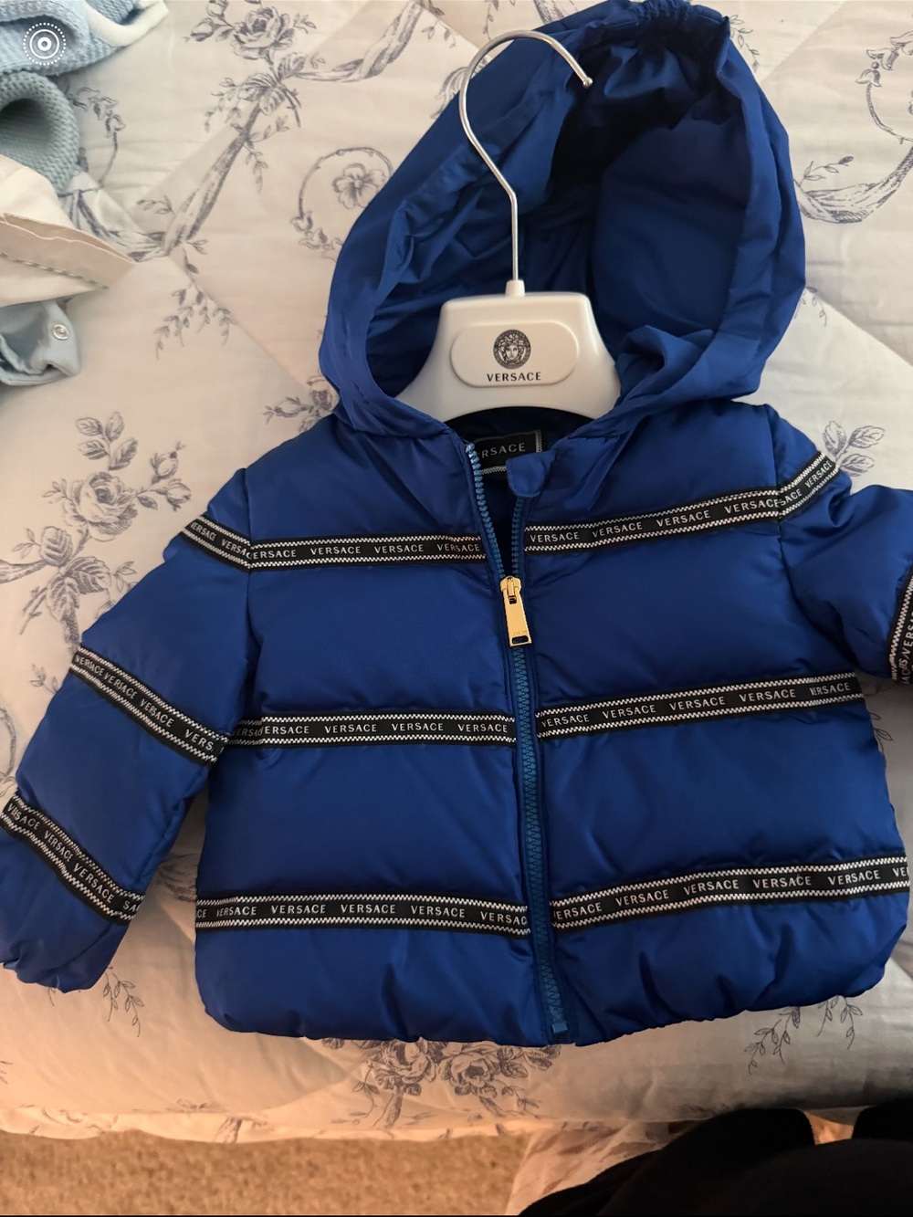 Versace Kids Cobalt Blue Hooded Puffer with Branded Tape